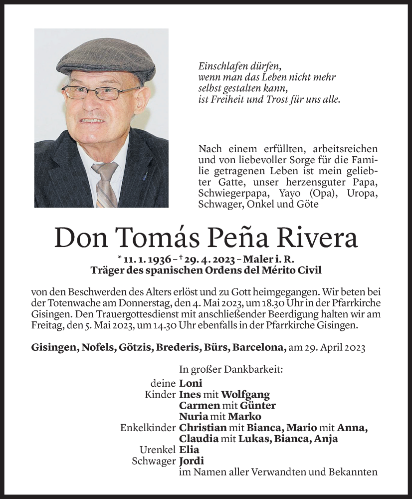  Todesanzeige für Tomas Pena Rivera vom 01.05.2023 aus Vorarlberger Nachrichten