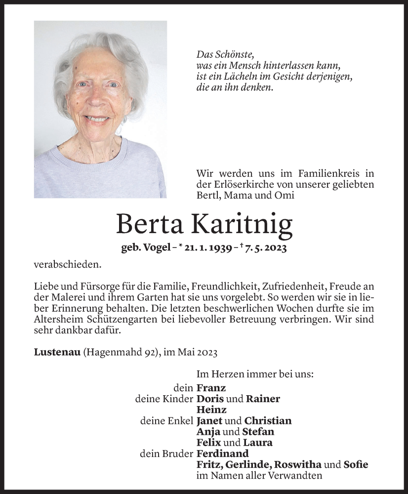  Todesanzeige für Berta Karitnig vom 10.05.2023 aus Vorarlberger Nachrichten