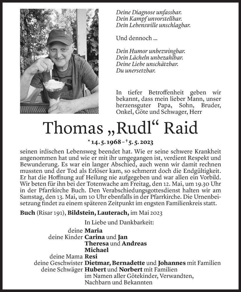  Todesanzeige für Thomas Raid vom 10.05.2023 aus Vorarlberger Nachrichten