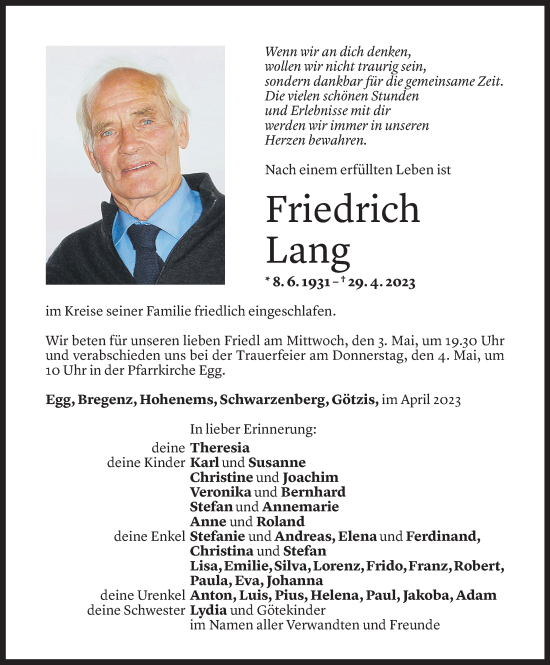 Todesanzeige von Friedrich Lang von Vorarlberger Nachrichten