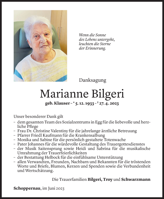 Todesanzeigen Von Marianne Bilgeri Todesanzeigen Vorarlberger Nachrichten