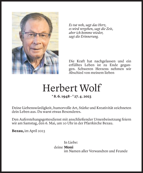 Todesanzeige von Herbert Wolf von Vorarlberger Nachrichten