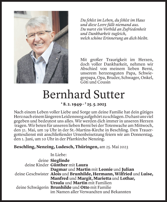 Todesanzeige von Bernhard Sutter von Vorarlberger Nachrichten