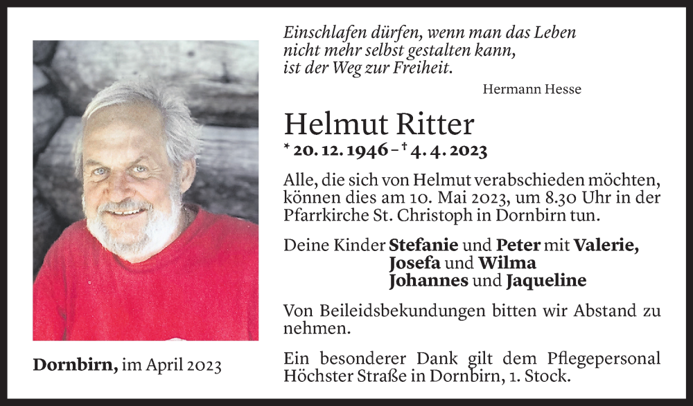  Todesanzeige für Helmut Ritter vom 05.05.2023 aus Vorarlberger Nachrichten
