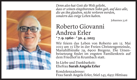 Todesanzeige von Roberto Erler von Vorarlberger Nachrichten