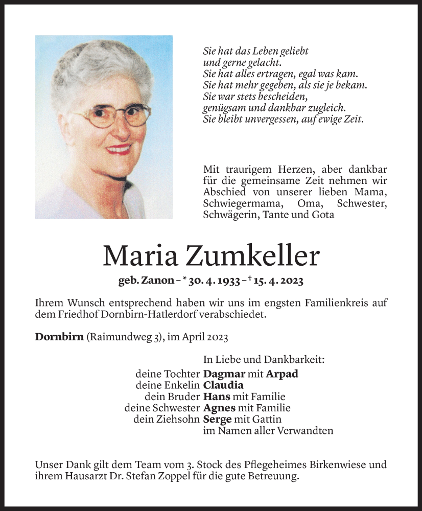  Todesanzeige für Maria Zumkeller vom 26.05.2023 aus Vorarlberger Nachrichten