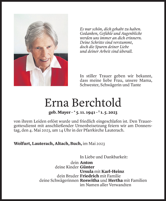 Todesanzeige von Erna Berchtold von Vorarlberger Nachrichten
