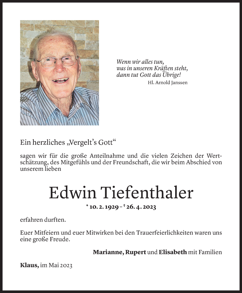  Todesanzeige für Edwin Tiefenthaler vom 19.05.2023 aus Vorarlberger Nachrichten