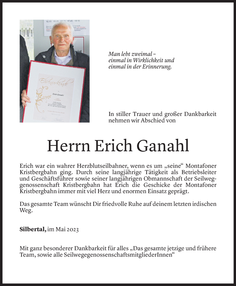  Todesanzeige für Erich Ganahl vom 01.05.2023 aus Vorarlberger Nachrichten