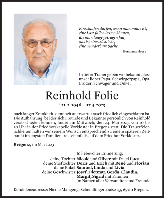 Todesanzeige von Reinhold Folie von Vorarlberger Nachrichten
