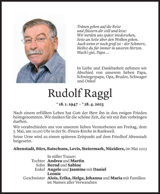 Todesanzeige von Rudolf Raggl von Vorarlberger Nachrichten