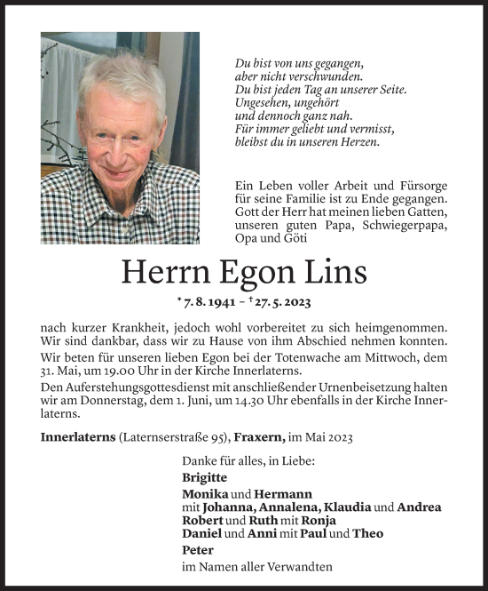 Todesanzeige von Egon Lins von Vorarlberger Nachrichten