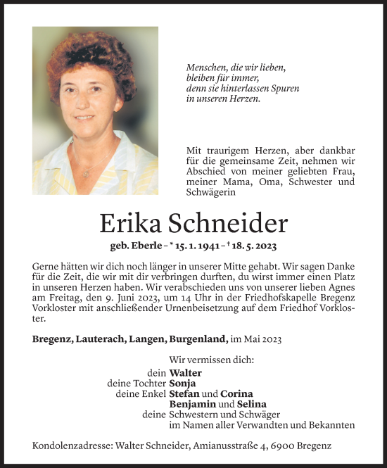 Todesanzeige von Erika Schneider von Vorarlberger Nachrichten