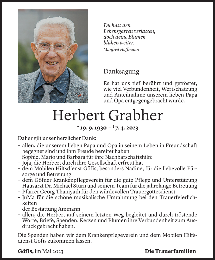  Todesanzeige für Herbert Grabher vom 24.05.2023 aus Vorarlberger Nachrichten