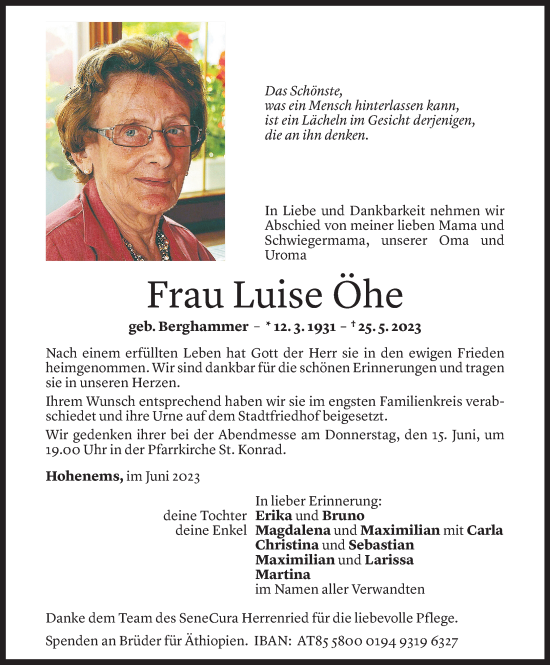 Todesanzeige von Luise Öhe von Vorarlberger Nachrichten