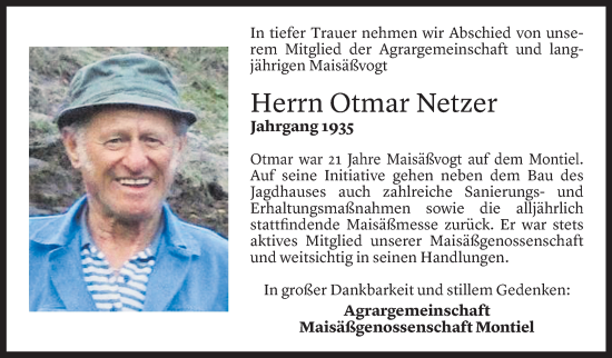 Todesanzeige von Otmar Netzer von Vorarlberger Nachrichten