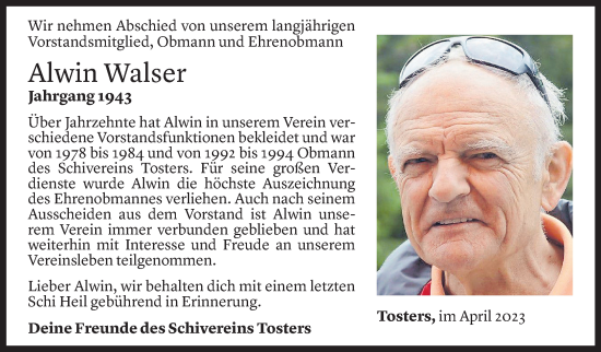 Todesanzeige von Alwin Johann Walser von Vorarlberger Nachrichten