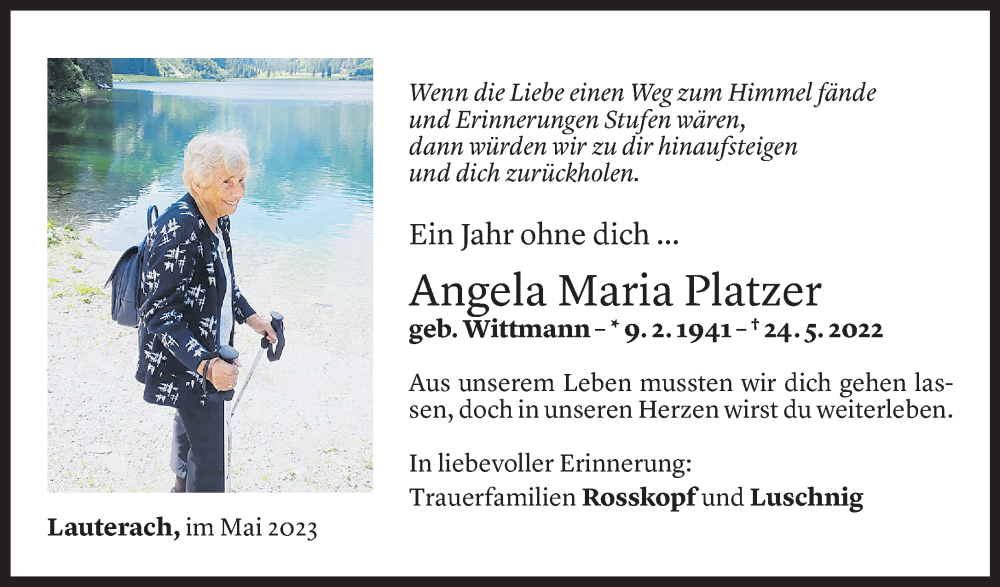  Todesanzeige für Angela Maria Platzer vom 24.05.2023 aus Vorarlberger Nachrichten