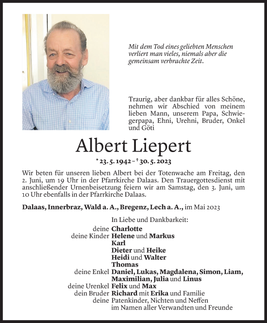 Todesanzeige von Albert Liepert von Vorarlberger Nachrichten