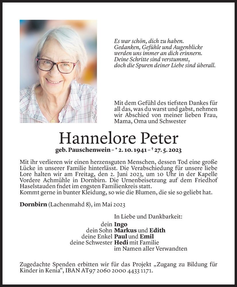  Todesanzeige für Hannelore Peter vom 31.05.2023 aus Vorarlberger Nachrichten
