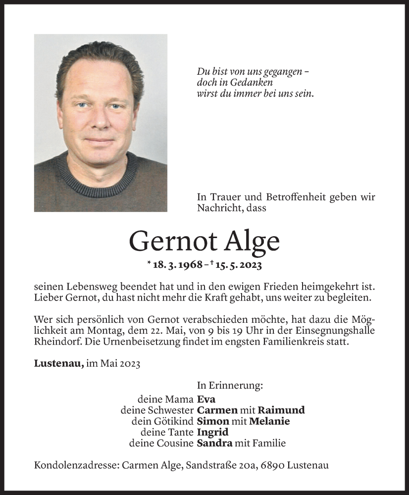  Todesanzeige für Gernot Alge vom 19.05.2023 aus Vorarlberger Nachrichten