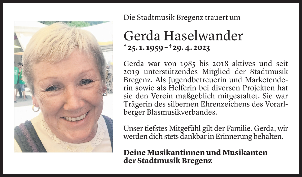 Todesanzeige für Gerda Haselwander vom 09.05.2023 aus Vorarlberger Nachrichten