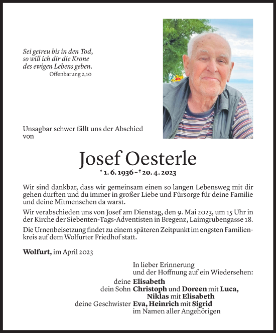 Todesanzeigen Von Josef Österle | Todesanzeigen Vorarlberger Nachrichten