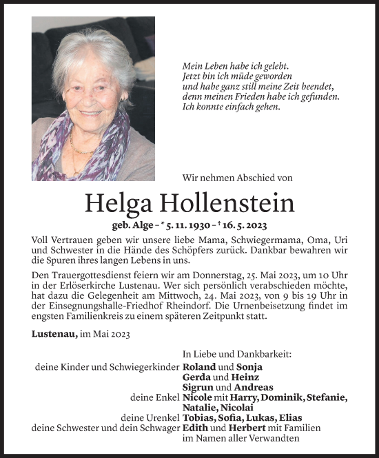 Todesanzeige von Helga Hollenstein von Vorarlberger Nachrichten