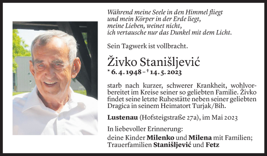 Todesanzeige von Živko Stanišljevic von Vorarlberger Nachrichten