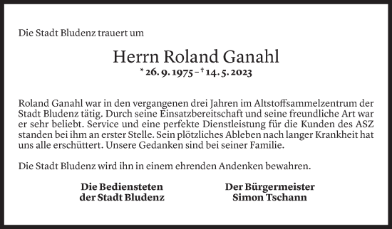 Todesanzeige von Roland Ganahl von Vorarlberger Nachrichten