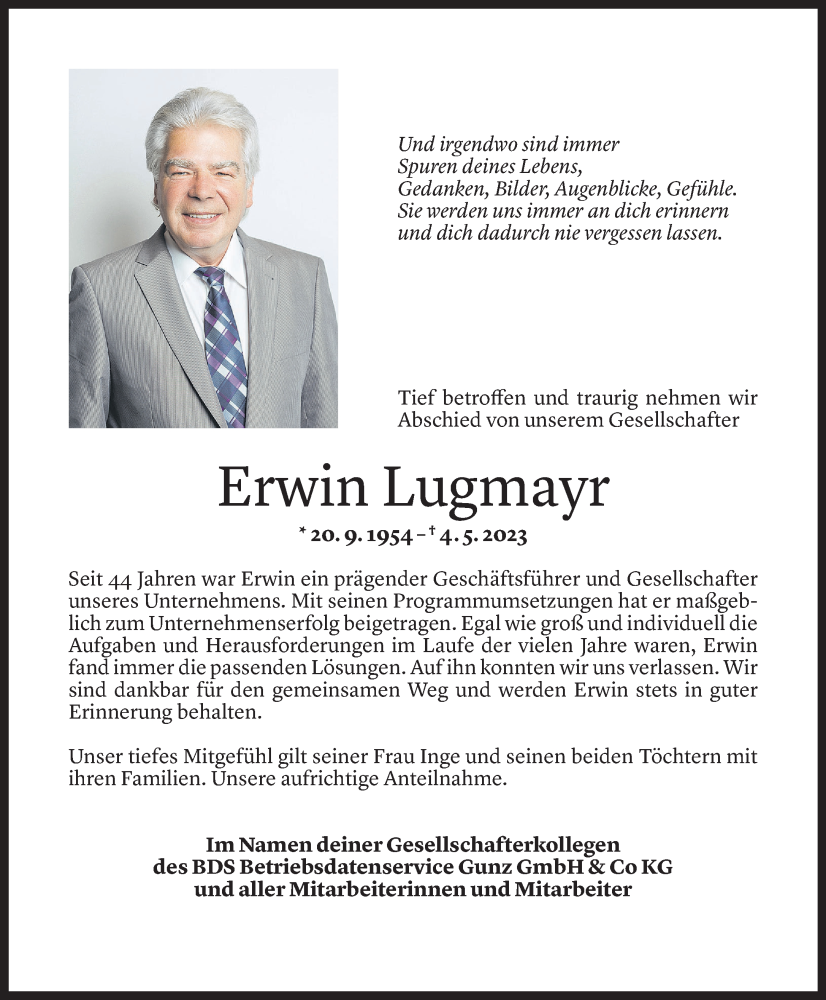  Todesanzeige für Erwin Lugmayr vom 10.05.2023 aus Vorarlberger Nachrichten