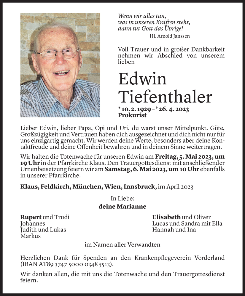  Todesanzeige für Edwin Tiefenthaler vom 01.05.2023 aus Vorarlberger Nachrichten