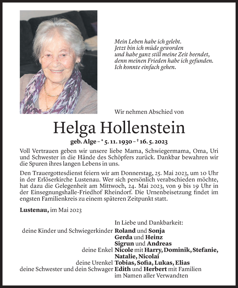  Todesanzeige für Helga Hollenstein vom 23.05.2023 aus Vorarlberger Nachrichten