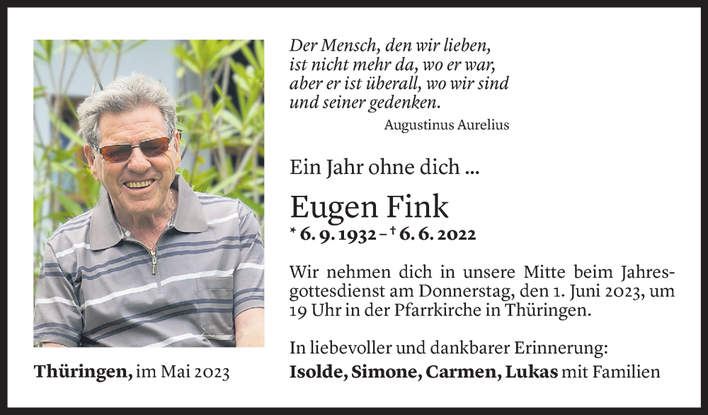  Todesanzeige für Eugen FInk vom 27.05.2023 aus vorarlberger nachrichten
