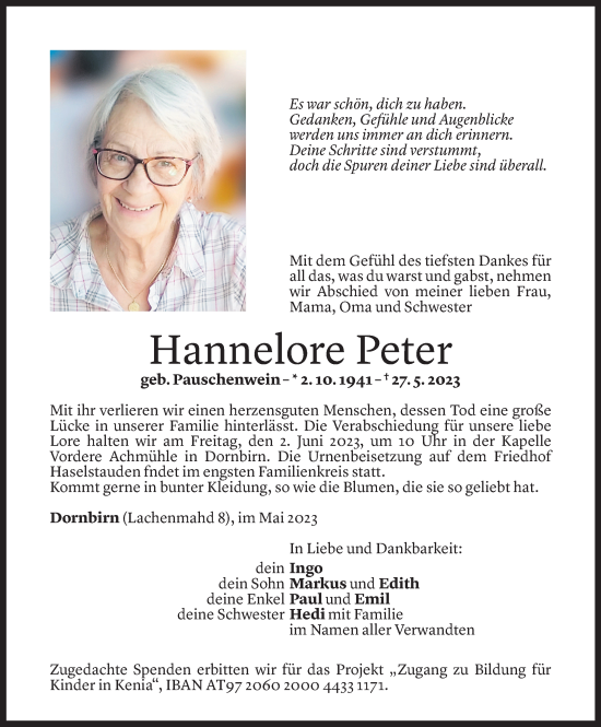 Todesanzeige von Hannelore Peter von Vorarlberger Nachrichten
