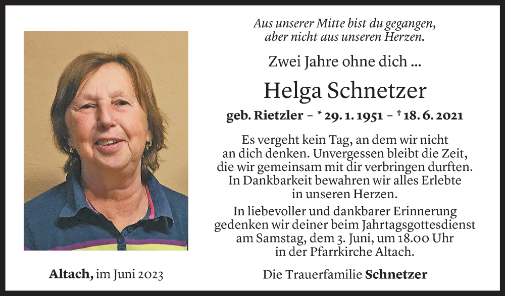  Todesanzeige für Helga Schnetzer vom 01.06.2023 aus Vorarlberger Nachrichten