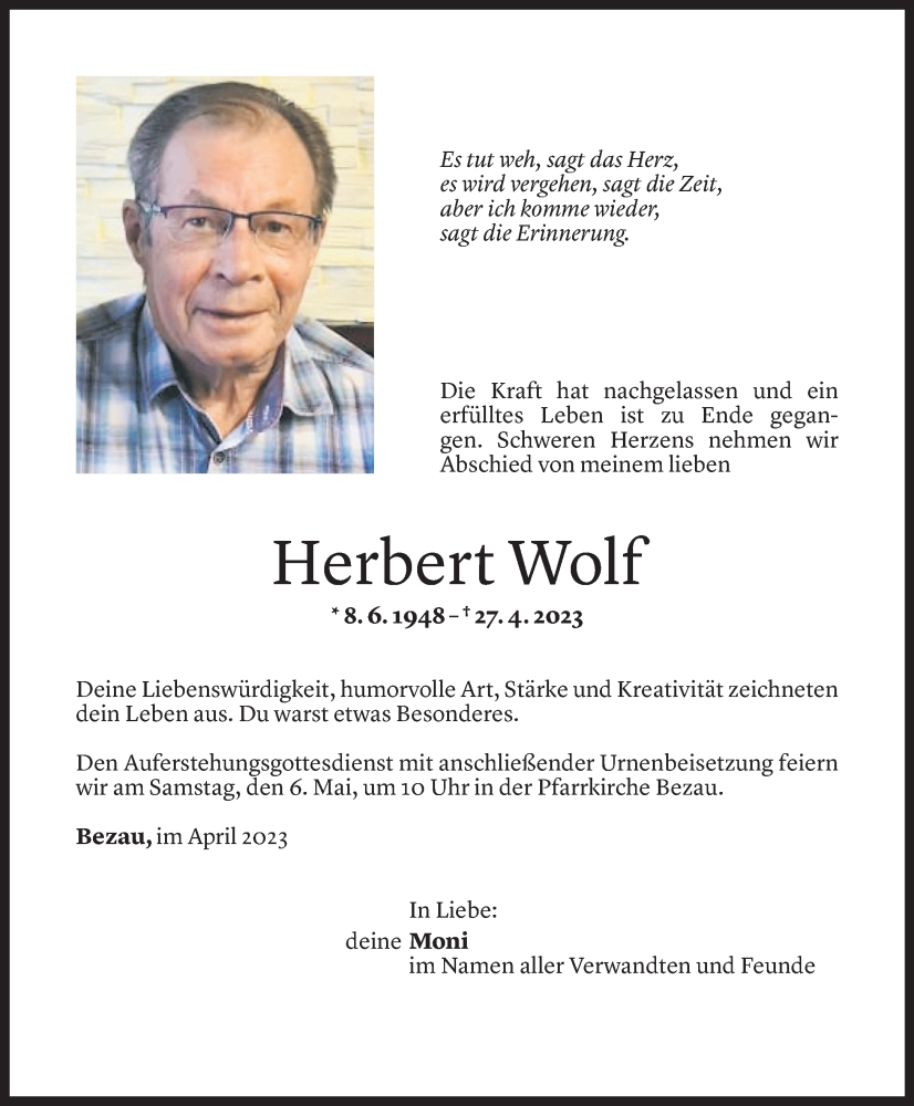  Todesanzeige für Herbert Wolf vom 05.05.2023 aus Vorarlberger Nachrichten