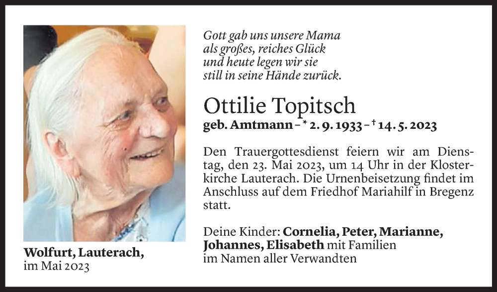  Todesanzeige für Ottilie Topitsch vom 18.05.2023 aus Vorarlberger Nachrichten
