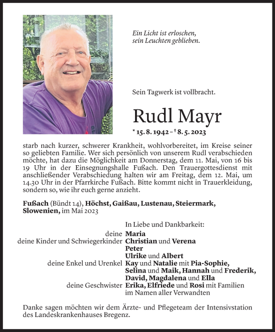Todesanzeige von Rudolf Mayr von Vorarlberger Nachrichten