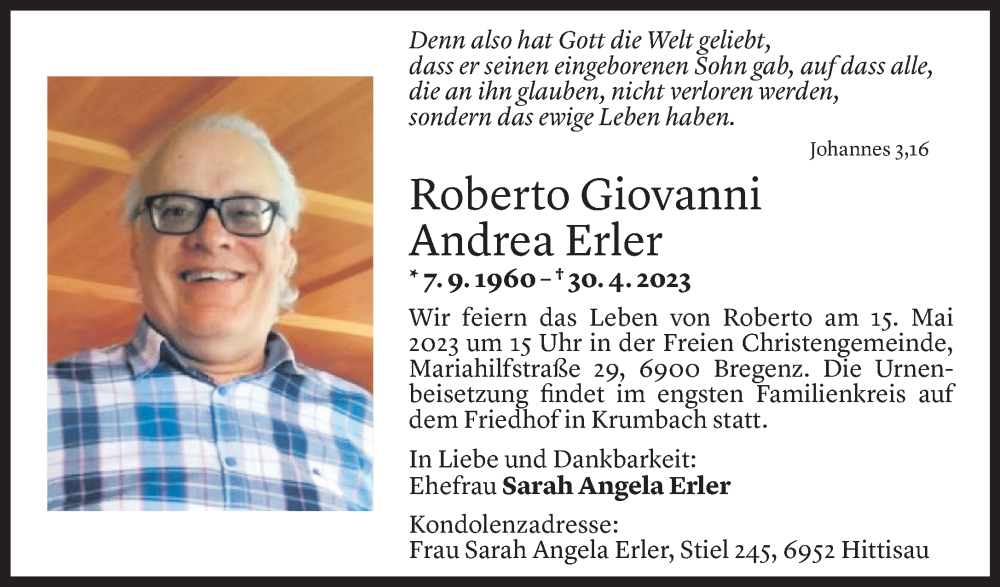  Todesanzeige für Roberto Erler vom 11.05.2023 aus Vorarlberger Nachrichten