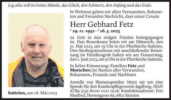 Todesanzeige von Gebhard Fetz von Vorarlberger Nachrichten