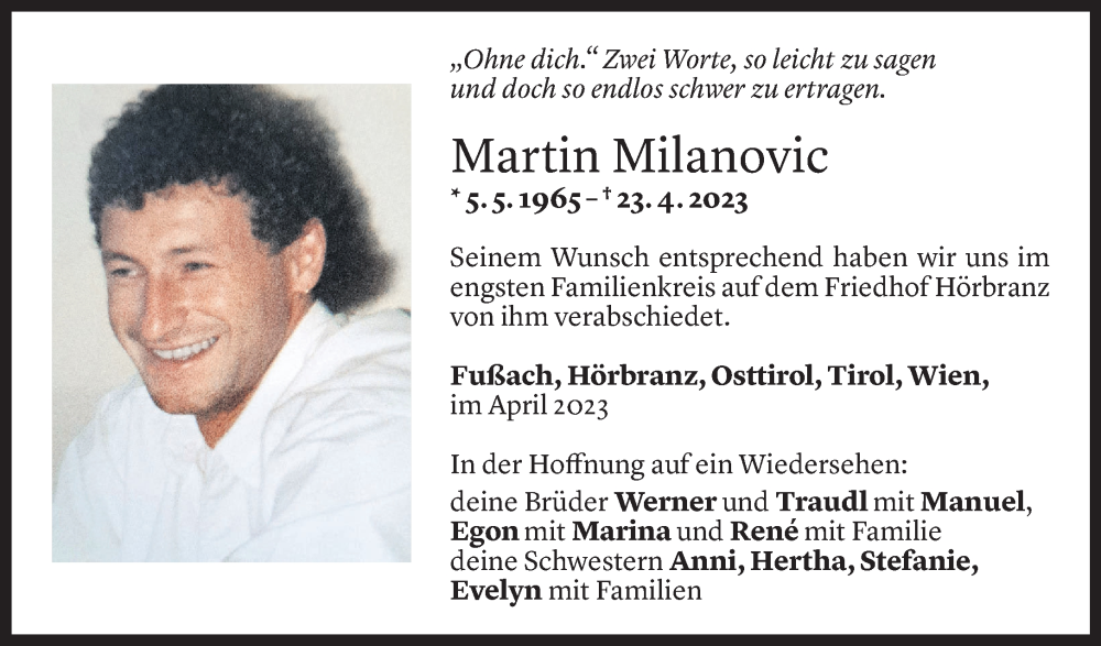  Todesanzeige für Martin Milanovic vom 02.05.2023 aus Vorarlberger Nachrichten