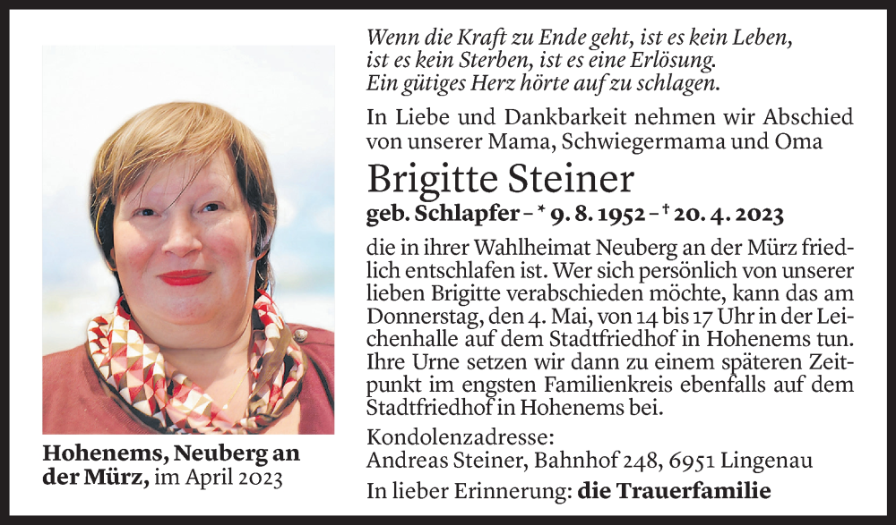  Todesanzeige für Brigitte Steiner vom 02.05.2023 aus Vorarlberger Nachrichten