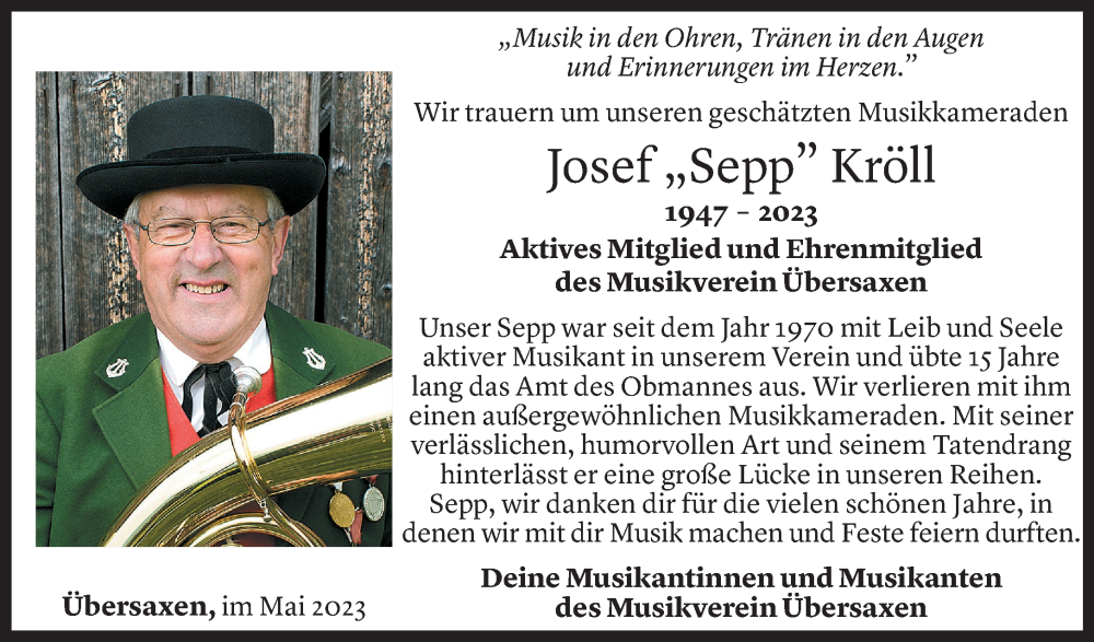  Todesanzeige für Josef Kröll vom 13.05.2023 aus Vorarlberger Nachrichten