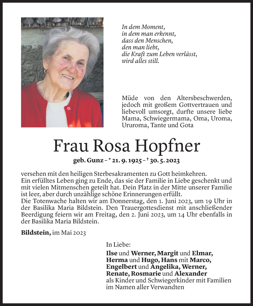  Todesanzeige für Rosa Hopfner vom 01.06.2023 aus Vorarlberger Nachrichten