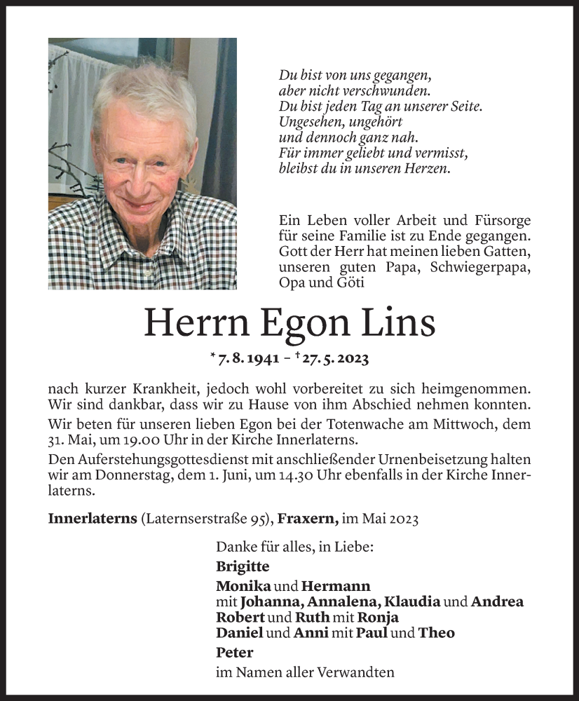  Todesanzeige für Egon Lins vom 30.05.2023 aus Vorarlberger Nachrichten