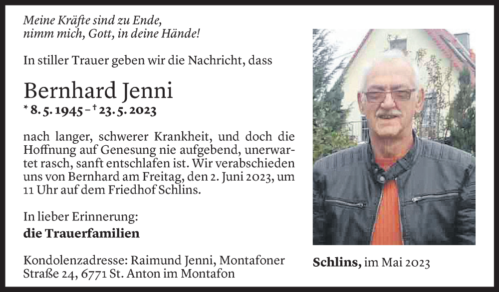  Todesanzeige für Bernhard Jenni vom 31.05.2023 aus Vorarlberger Nachrichten