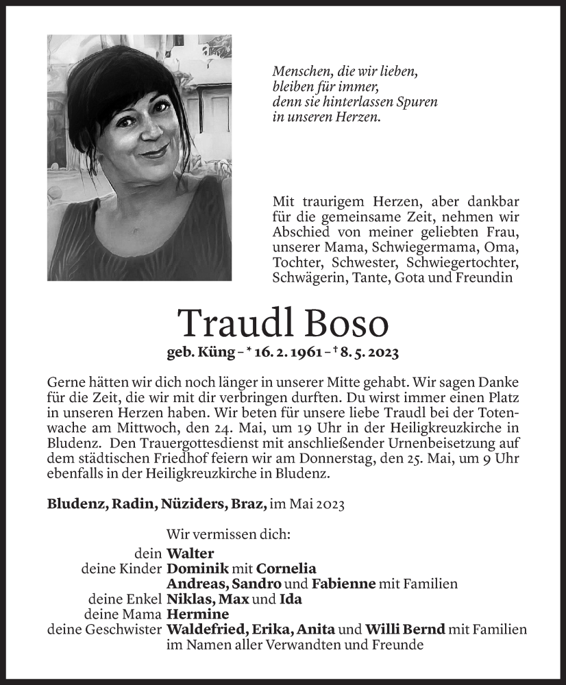  Todesanzeige für Traudl Boso vom 20.05.2023 aus Vorarlberger Nachrichten