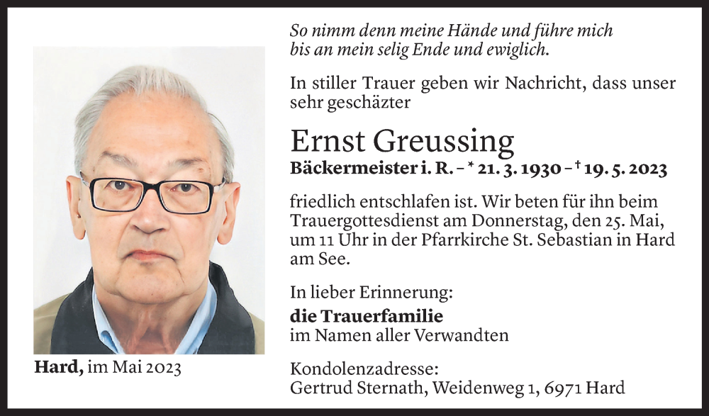  Todesanzeige für Ernst Greussing vom 23.05.2023 aus Vorarlberger Nachrichten