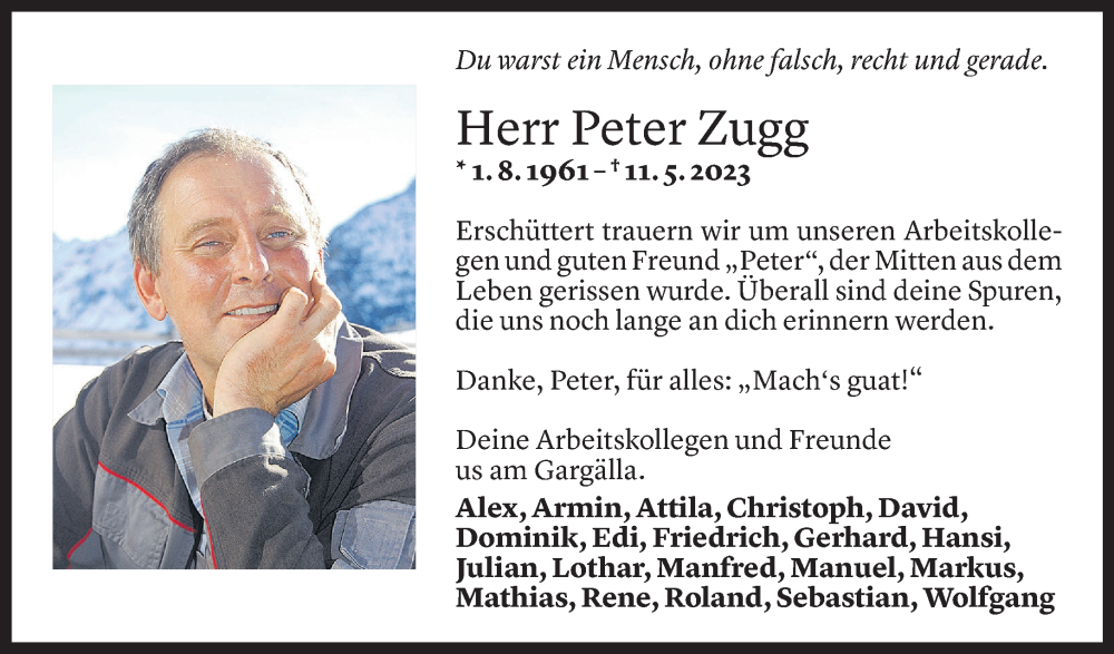 Todesanzeige für Peter Zugg vom 17.05.2023 aus Vorarlberger Nachrichten